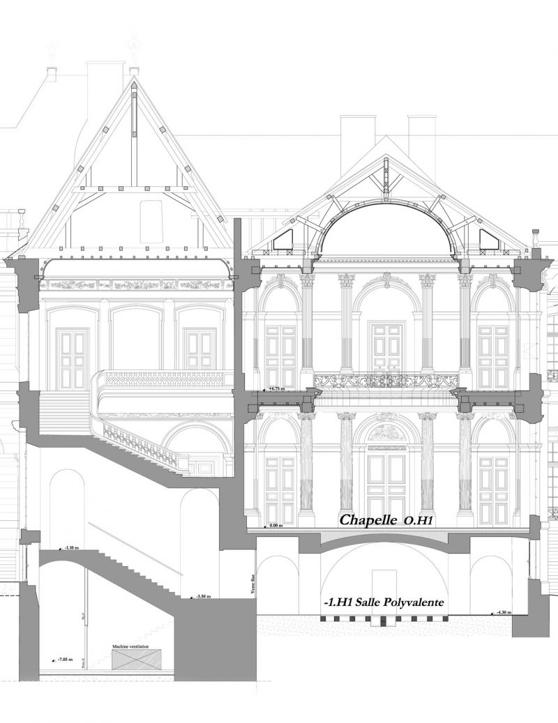 Agence Caillault ACMH – Palais ducal – Luneville – Coupe de l’Escalier d’Honneur et de la Chapelle