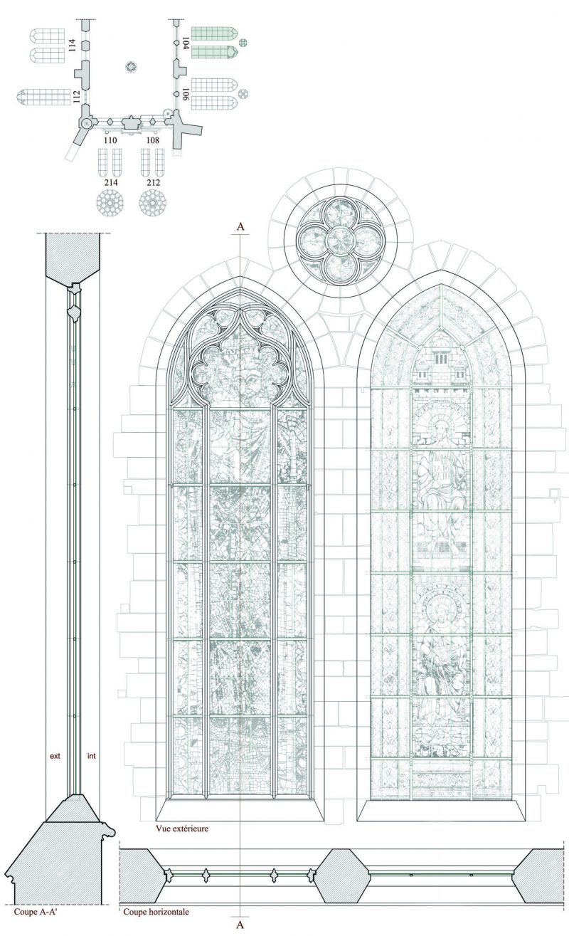 Agence Caillault ACMH – Transept sud de la Cathédrale – Strasbourg – Plan, coupe et élévation de la baie 104 ( façade est)