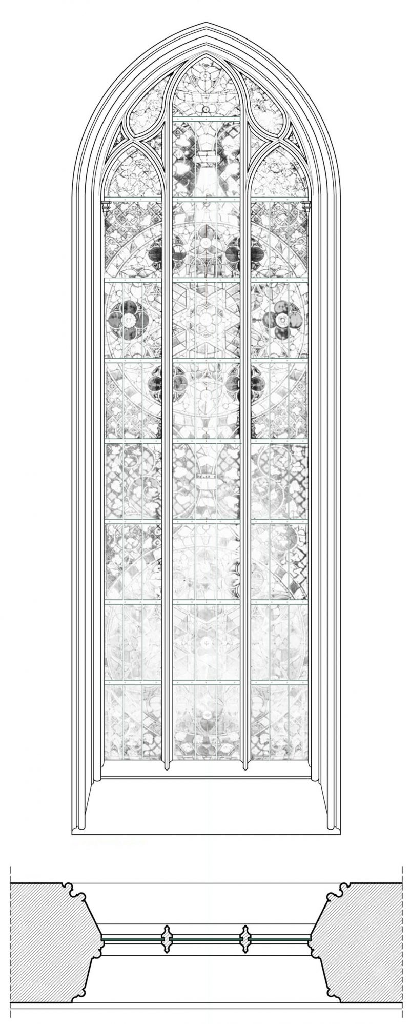 Agence Caillault ACMH – Transept sud de la Cathédrale – Strasbourg – Plan et élévation de la baie 112 (façade ouest)