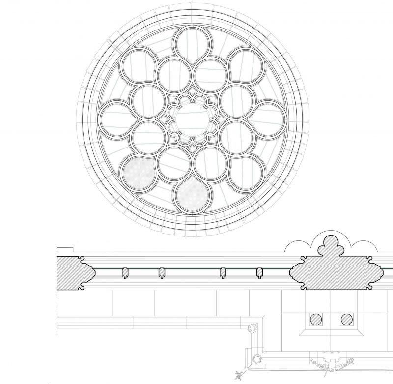 Agence Caillault ACMH – Transept sud de la Cathédrale – Strasbourg – Plan et élévation de la baie 214 (rose ouest de la façade sud)